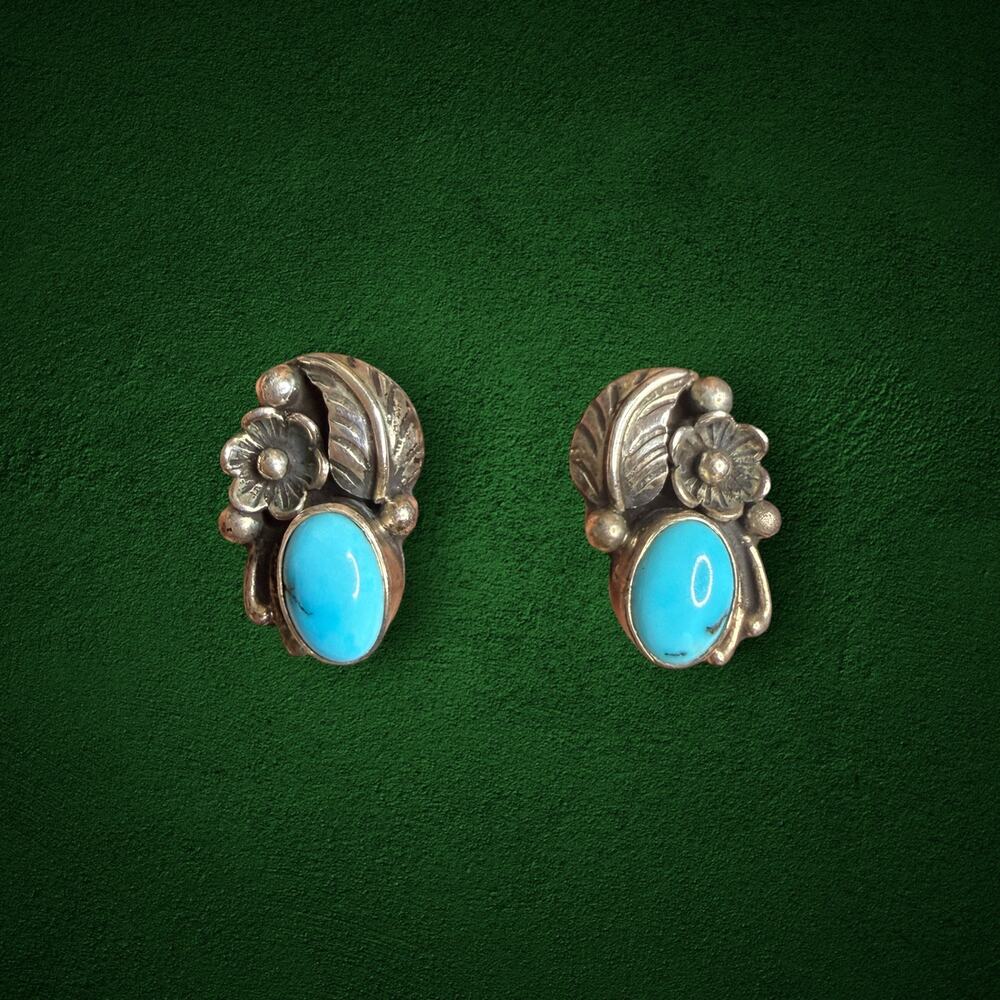 Vintage Sterling Silver Turquoise Floral Leaf Clip-On Earrings